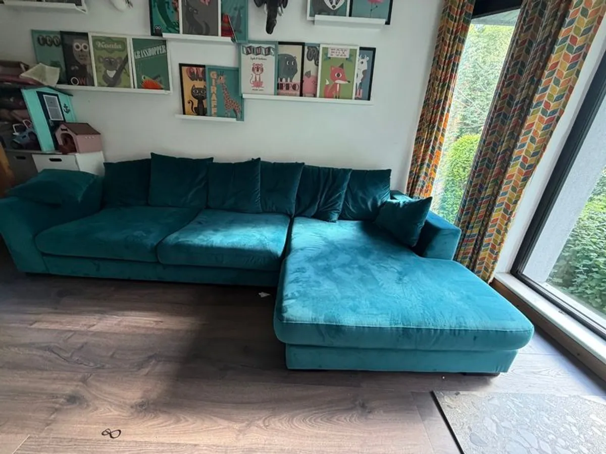 DFS Teal Velvet Corner Sofa with Chaise - Image 1