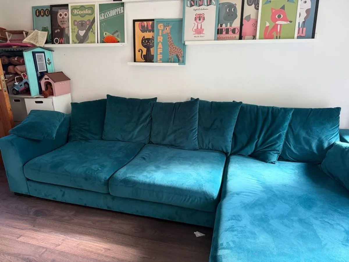 DFS Teal Velvet Corner Sofa with Chaise - Image 2