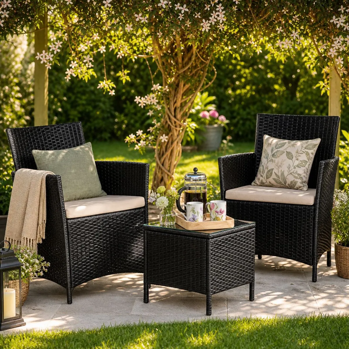 3 Piece Rattan Bistro Garden Furniture Set (Black) - Image 1