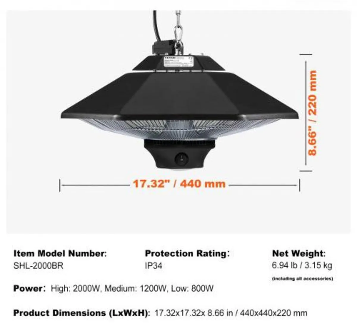 Hanging Patio Heater, 2000W Remote Control Outdoor - Image 4