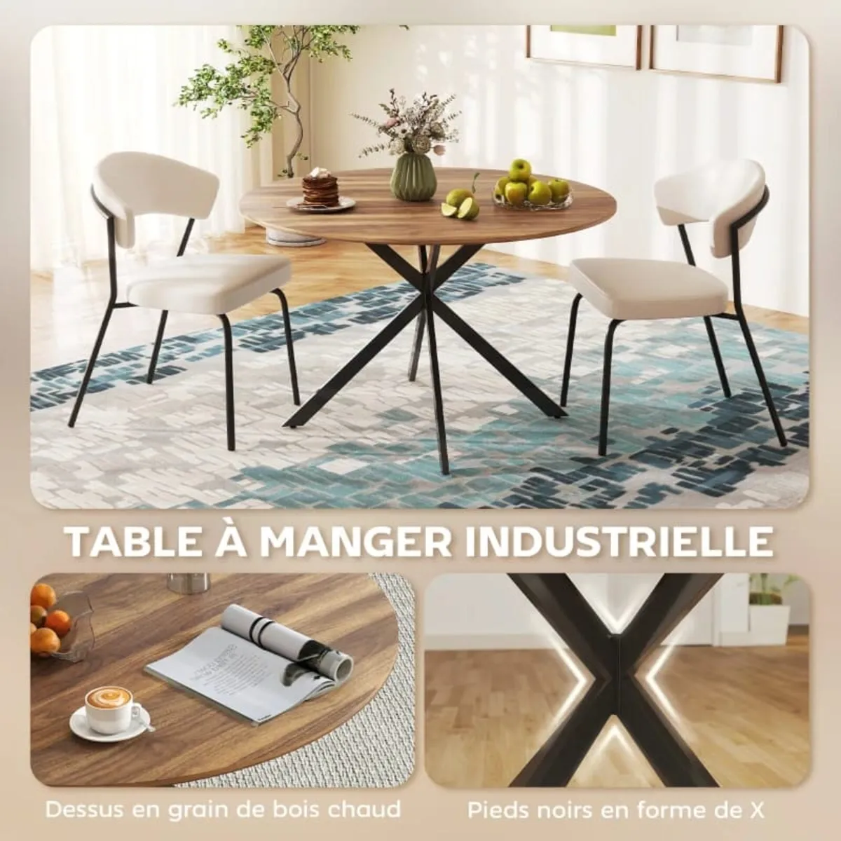 Round Dining Table for 4, 120 cm Industrial Style - Image 4