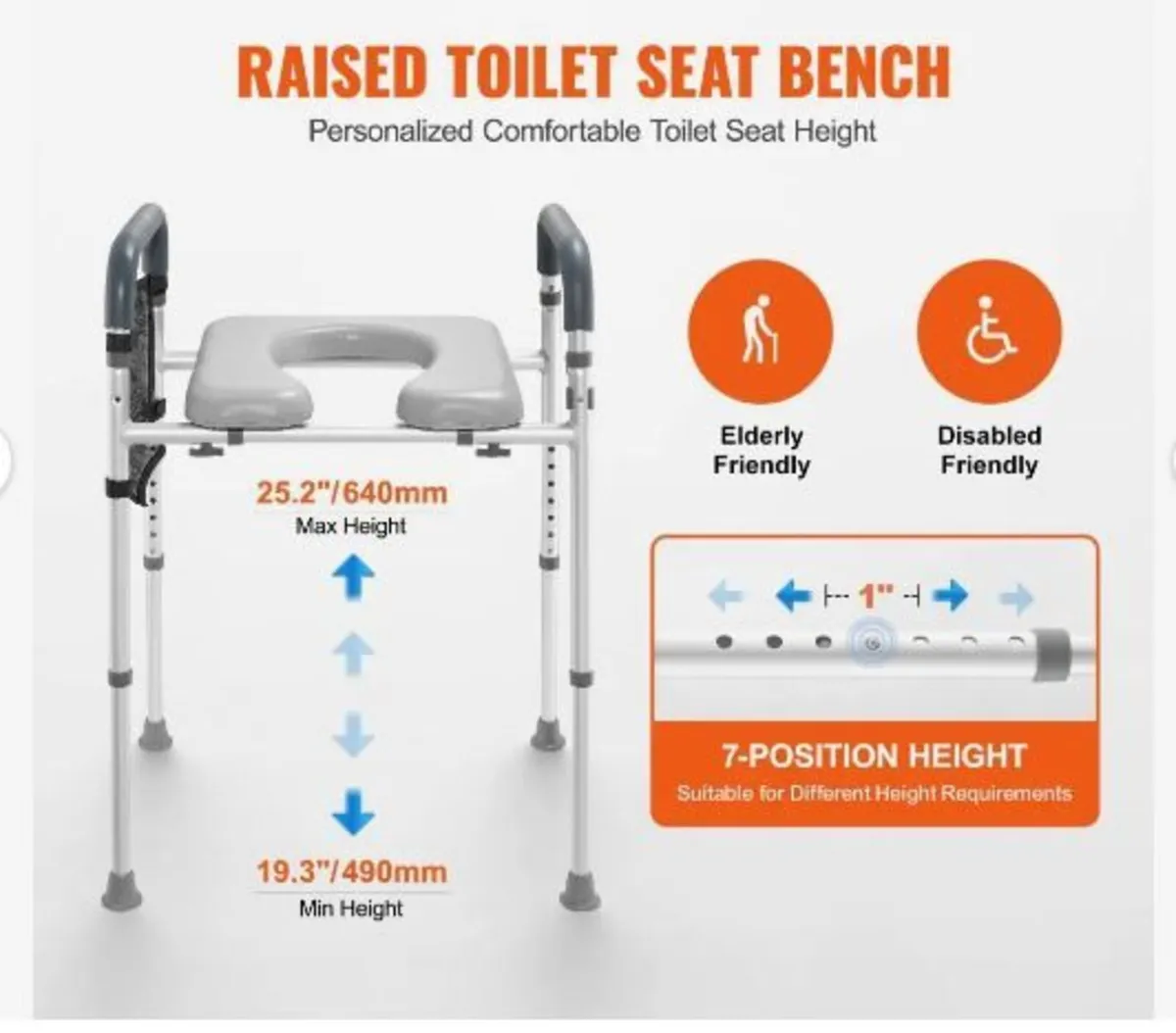 Raised Toilet Seat, 7-Position Height Adjustment - Image 3