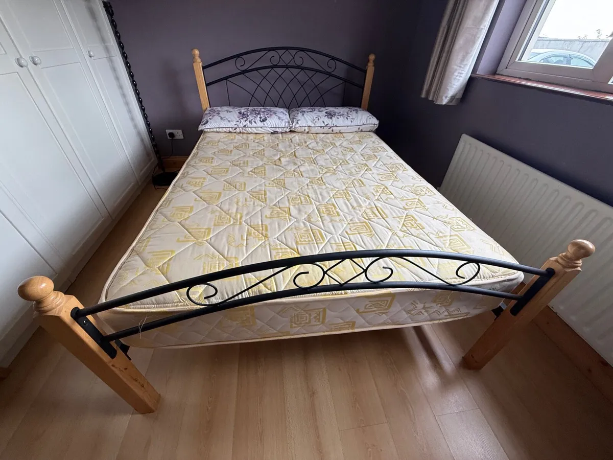 Wrought Iron and Wood Frame Double Bed & Mattress - Image 3