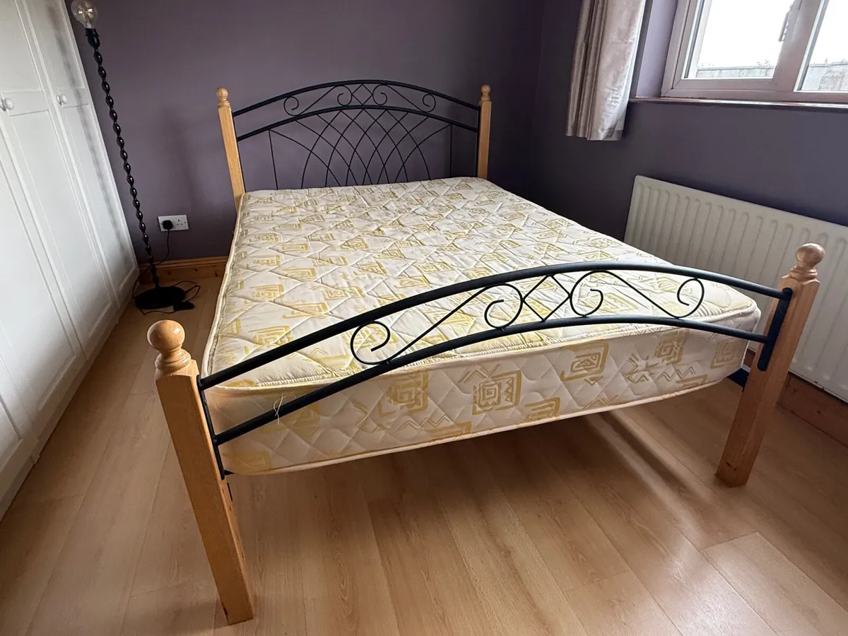Wrought Iron and Wood Frame Double Bed & Mattress - Image 4
