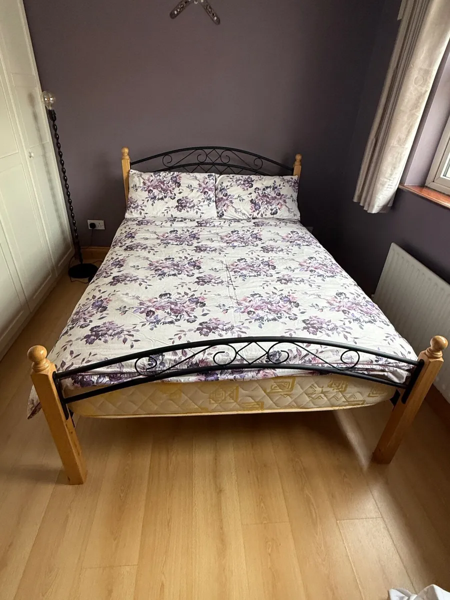 Wrought Iron and Wood Frame Double Bed & Mattress - Image 1