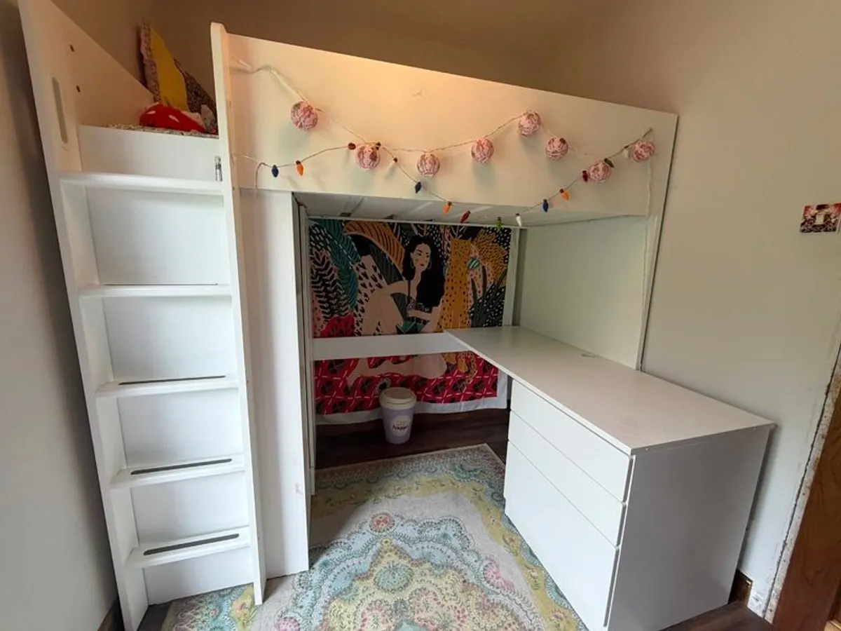 IKEA High Sleeper Bed with Desk, Wardrobe & Storage - Image 2