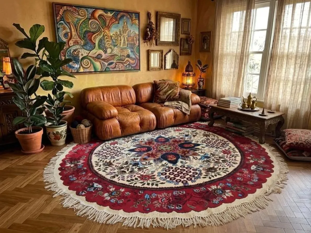 XL 9ft Diameter Round Oriental Hand Knotted Rug - Image 1