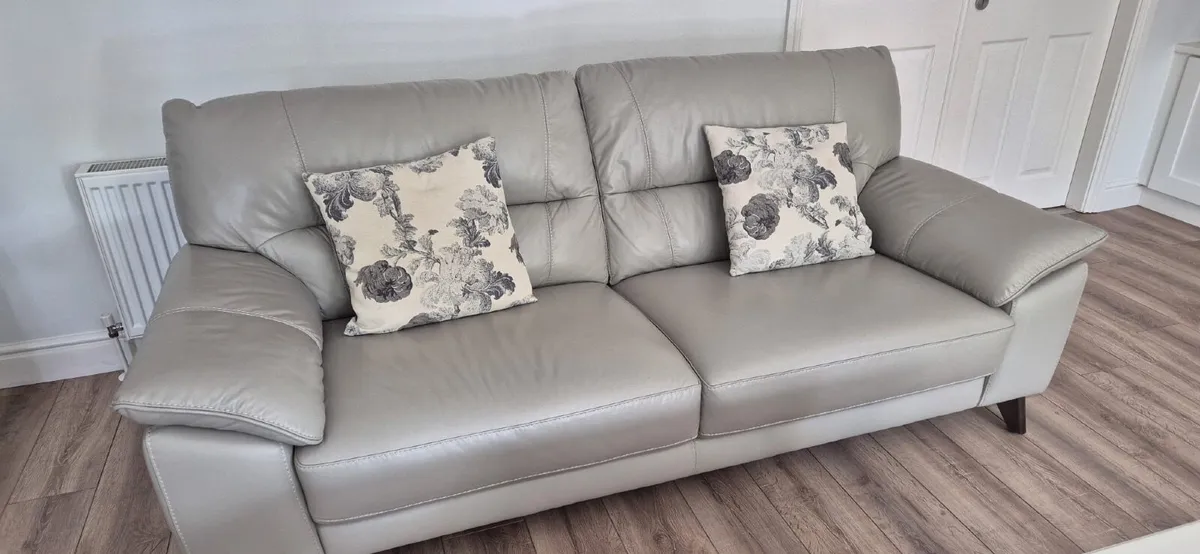 2 & 3 Seater leather couch light grey & footstool - Image 1