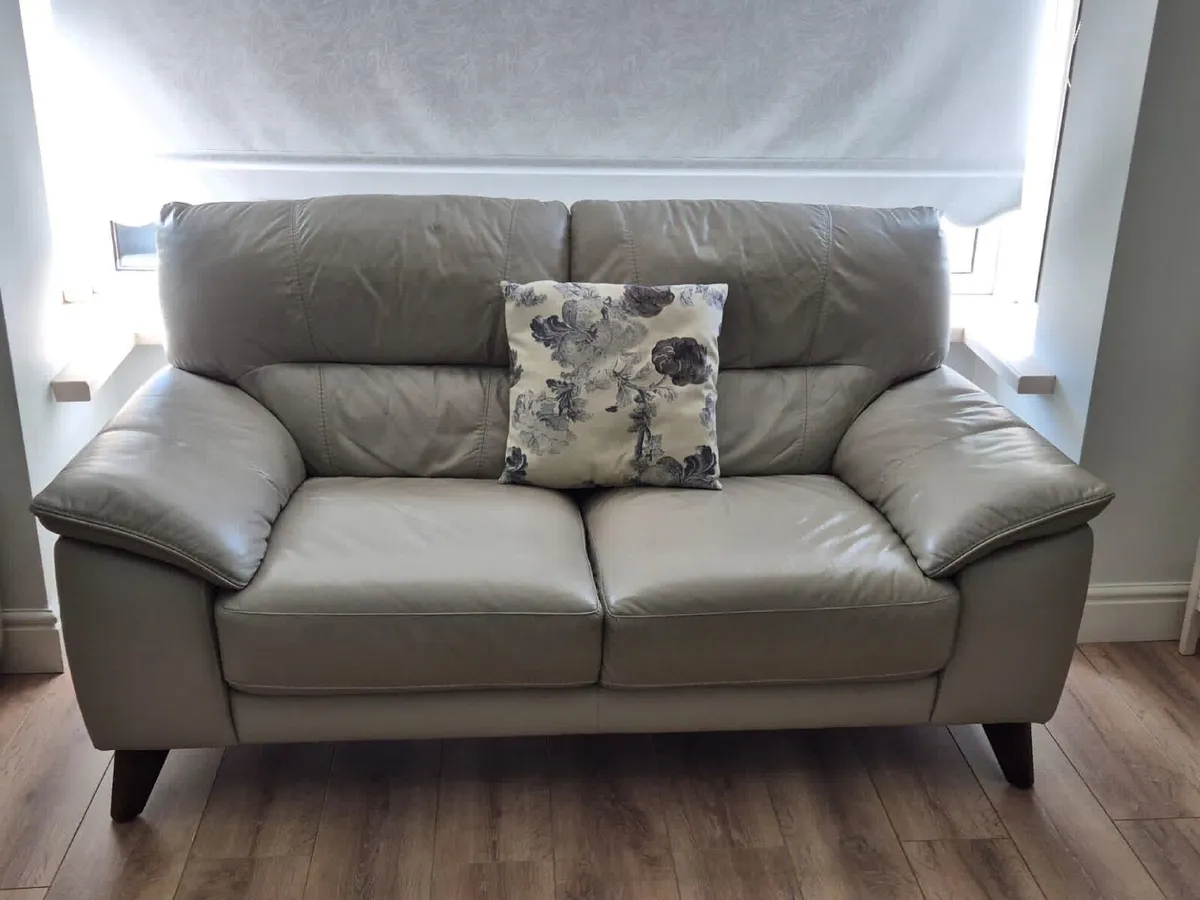 2 & 3 Seater leather couch light grey & footstool - Image 4