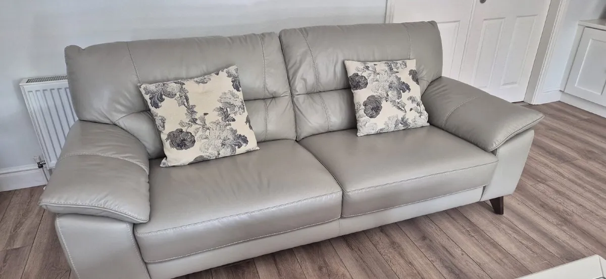 2 & 3 Seater leather couch light grey & footstool - Image 3