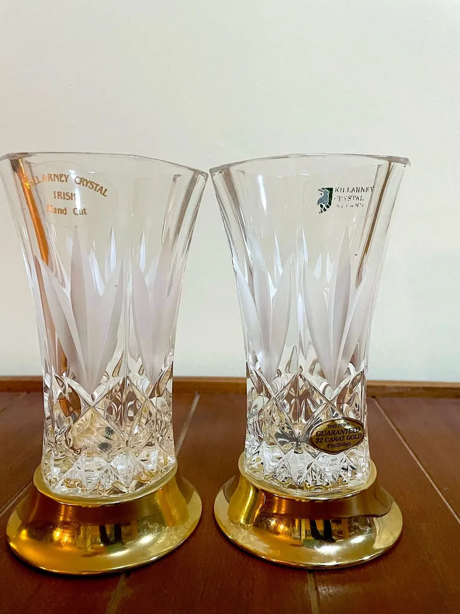 2 Killarney Crystal Vases 22ct Gold Finish bases - Image 3