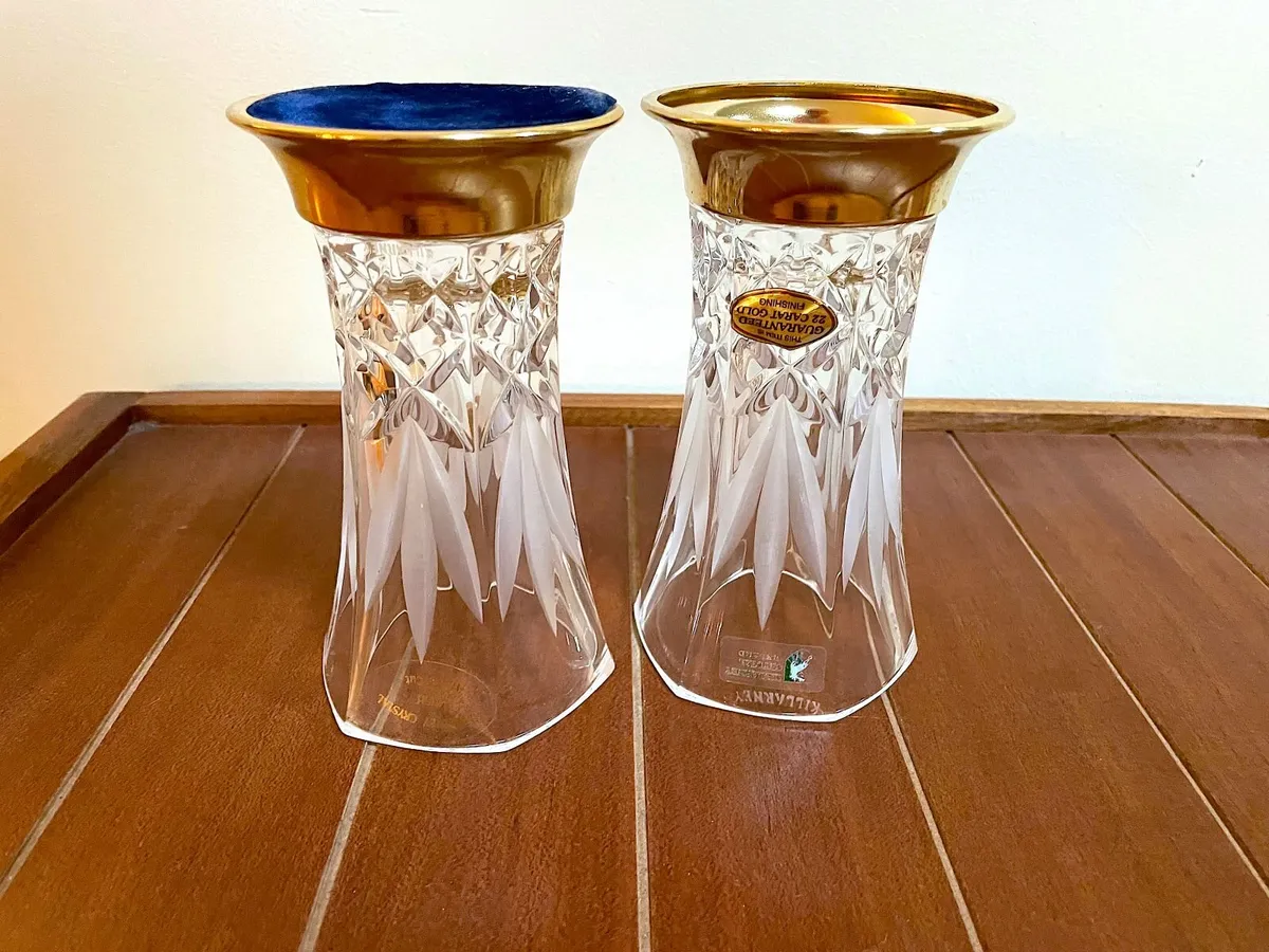 2 Killarney Crystal Vases 22ct Gold Finish bases - Image 2