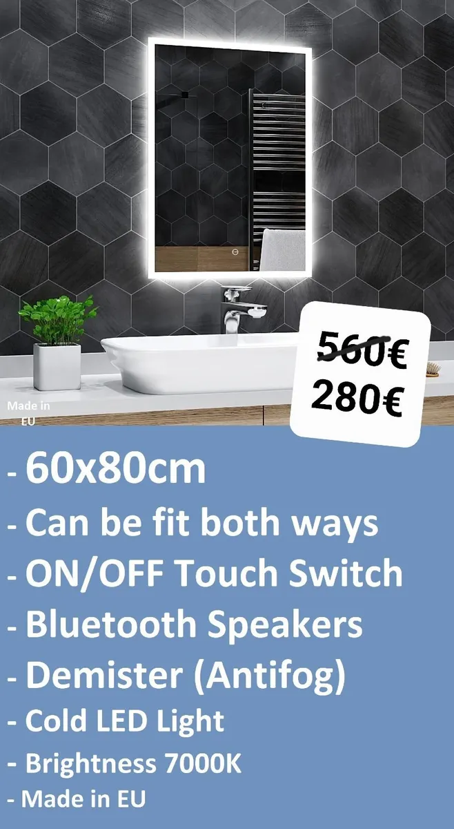 LED Bathroom Mirror Bluetooth Speakers Demister - Image 1