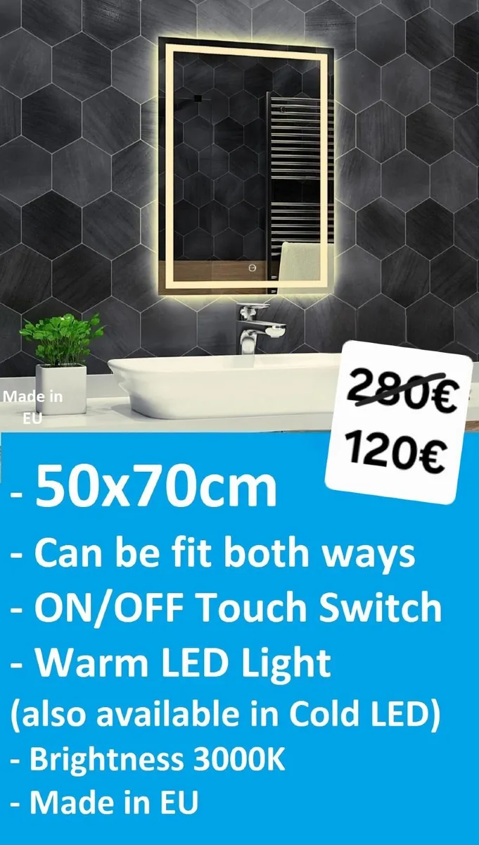 LED Bathroom Mirror 50x70cm Touch Switch Cold Warm - Image 1