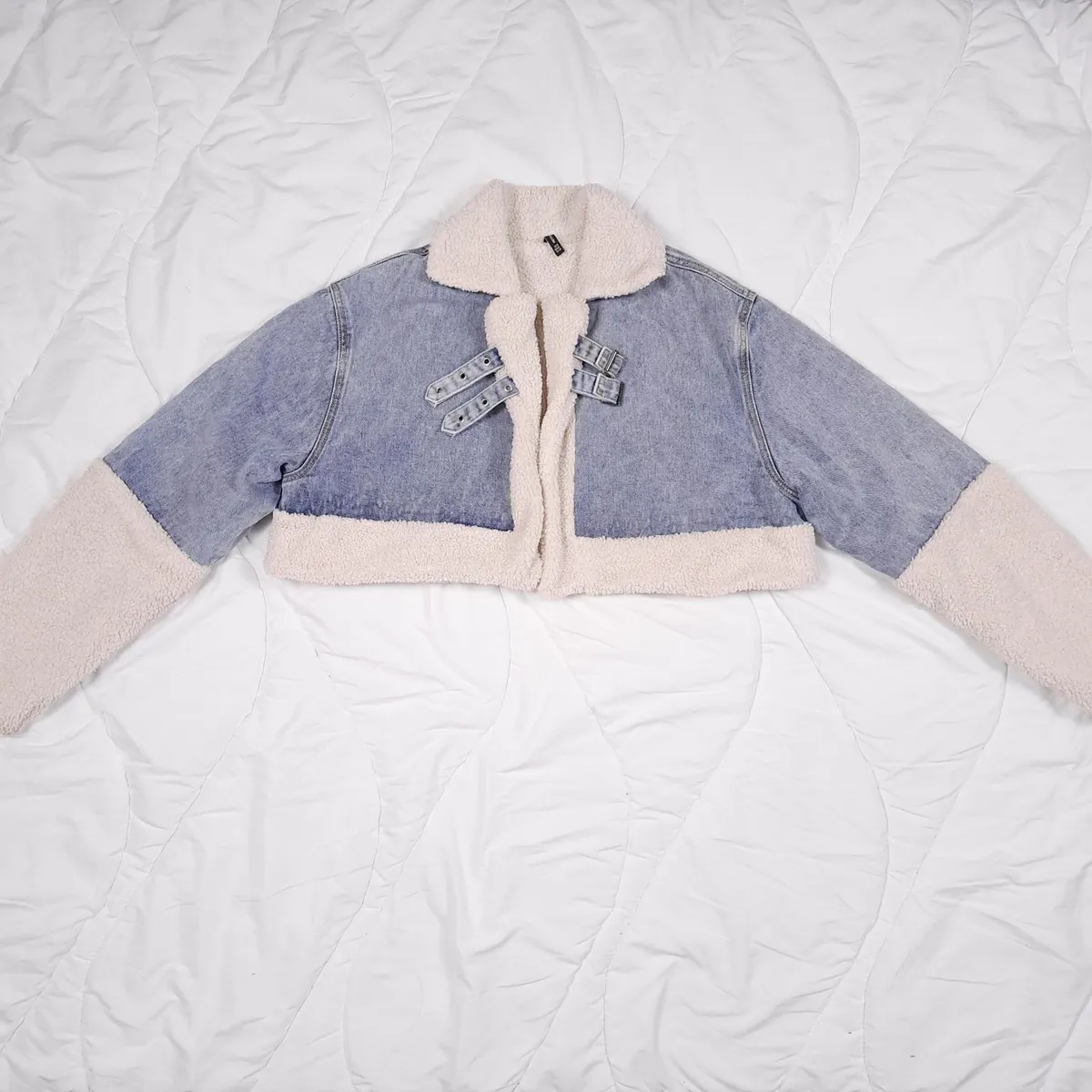 PLT Blue Denim Borg Aviator Cropped Jacket 8UK - Image 3