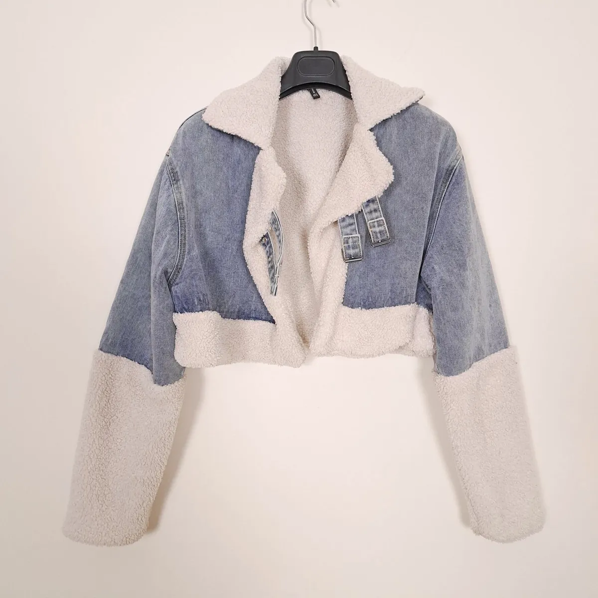 PLT Blue Denim Borg Aviator Cropped Jacket 8UK - Image 1