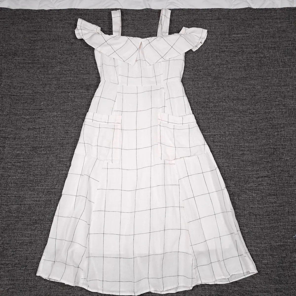 Mango White Black Grid Cold Shoulder Midi Dress XS - Image 1
