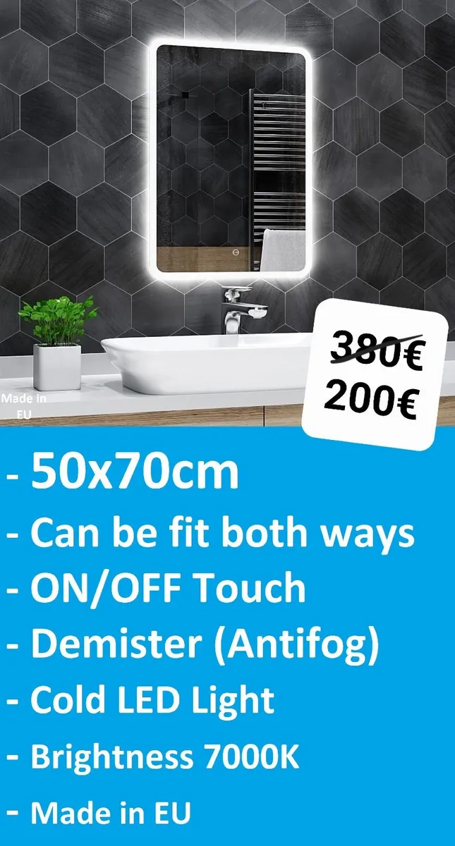LED Bathroom Mirror Antifog Demister 50x70cm - Image 1