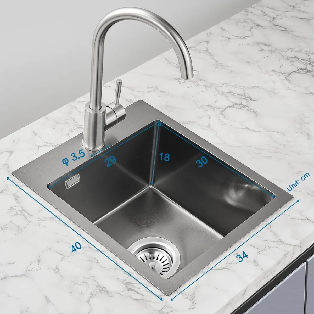 40 x 34 cm Black Small Kitchen Sink with Basket - Image 2