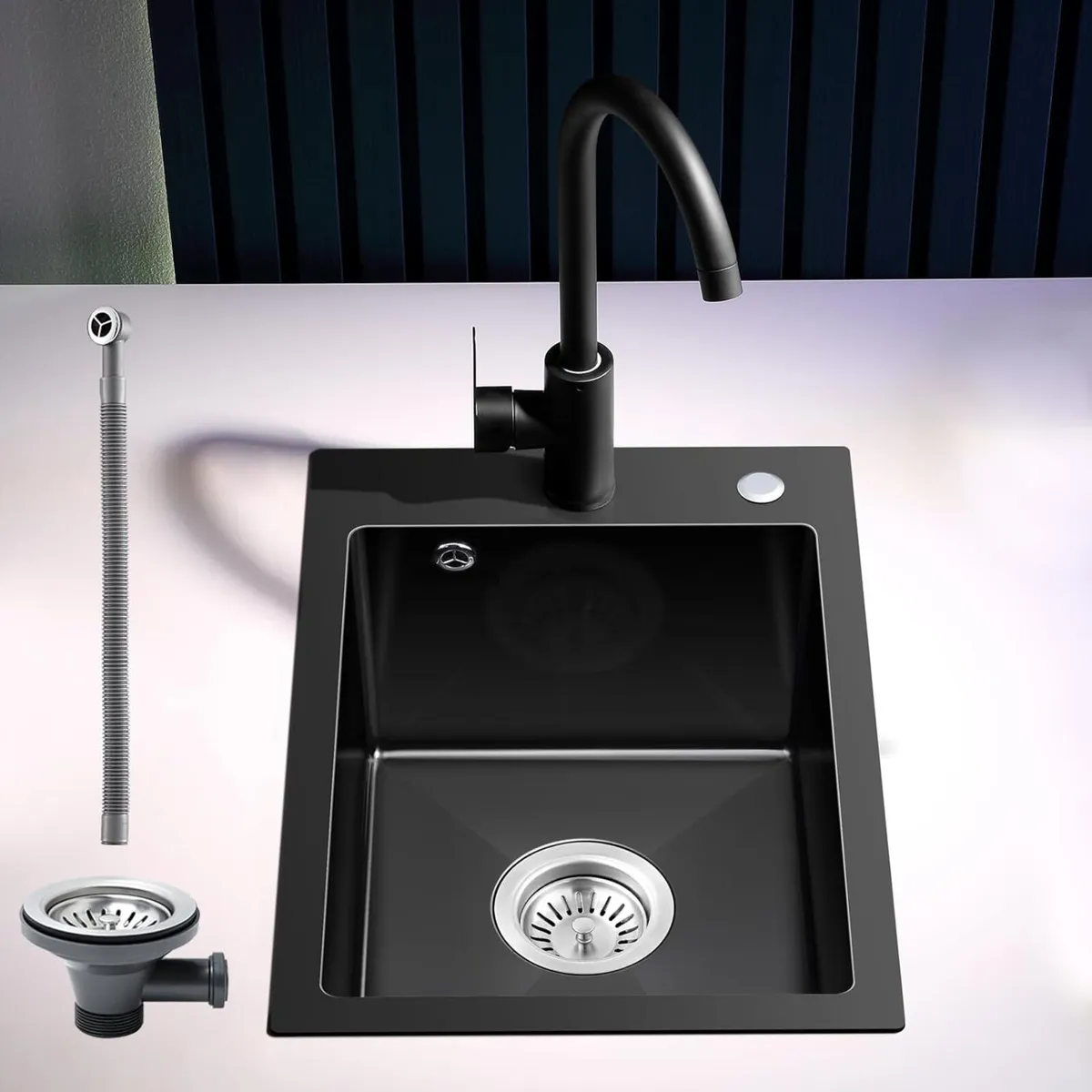 500x350mm Black Single Bowl Kitchen Sink with - Image 1