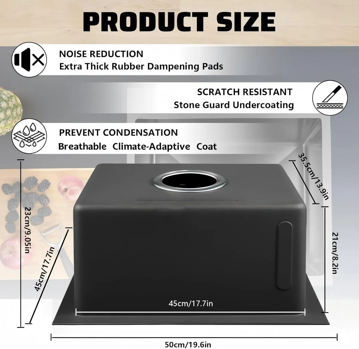 50 x 45cm Black Single Kitchen Sink Stainless - Image 3