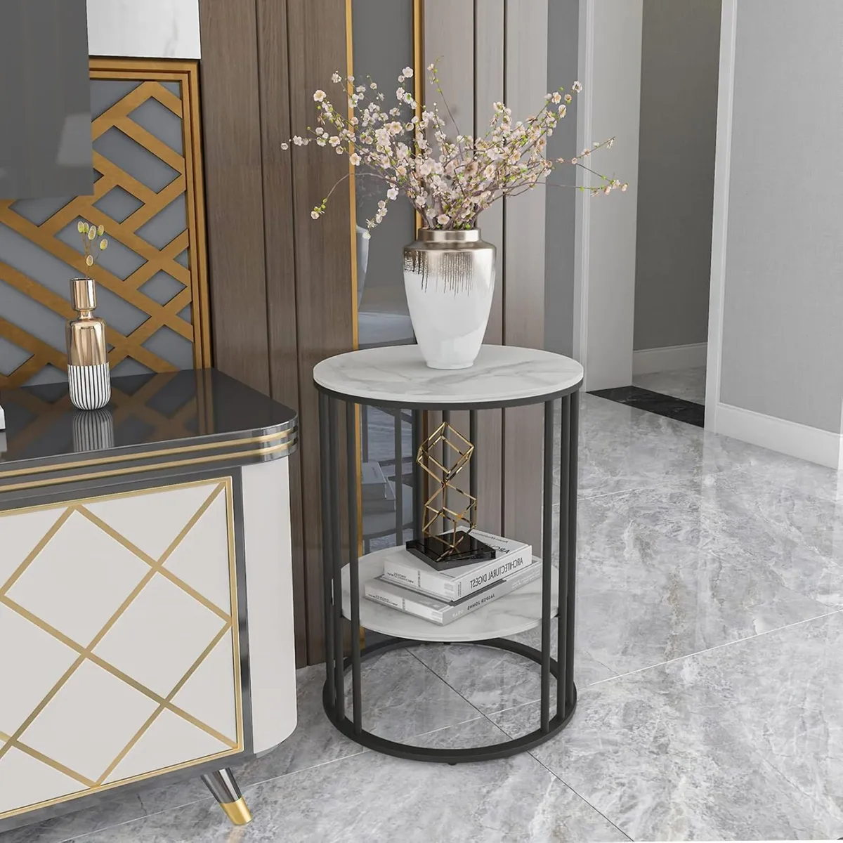 Marble Top Side Table Black: Small Circle End - Image 1
