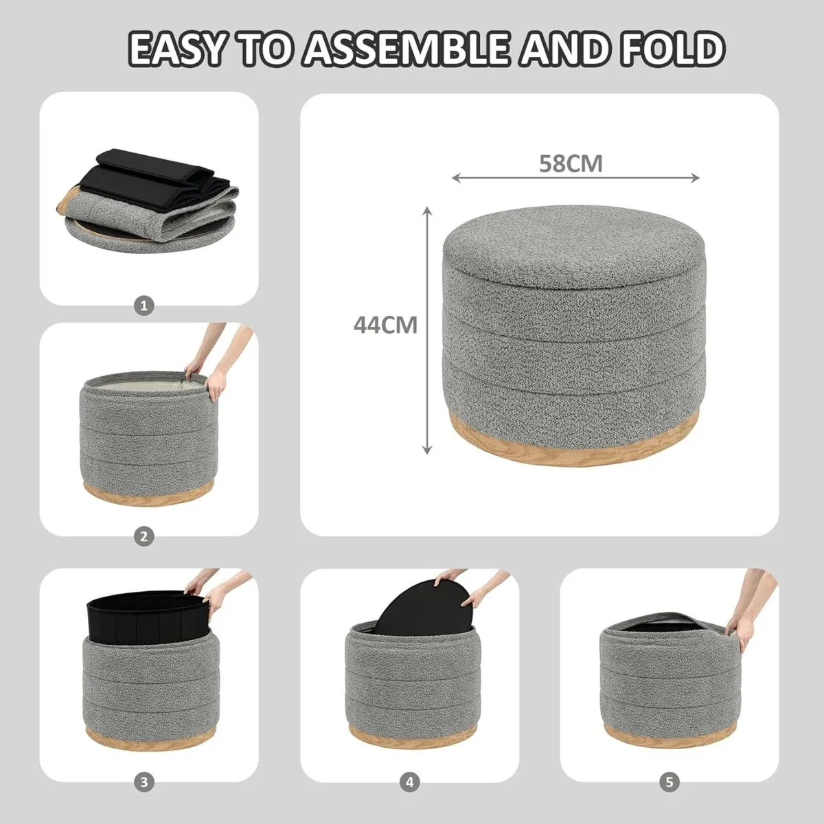 Round Chenille Storage Ottoman with Tray Top - Image 3
