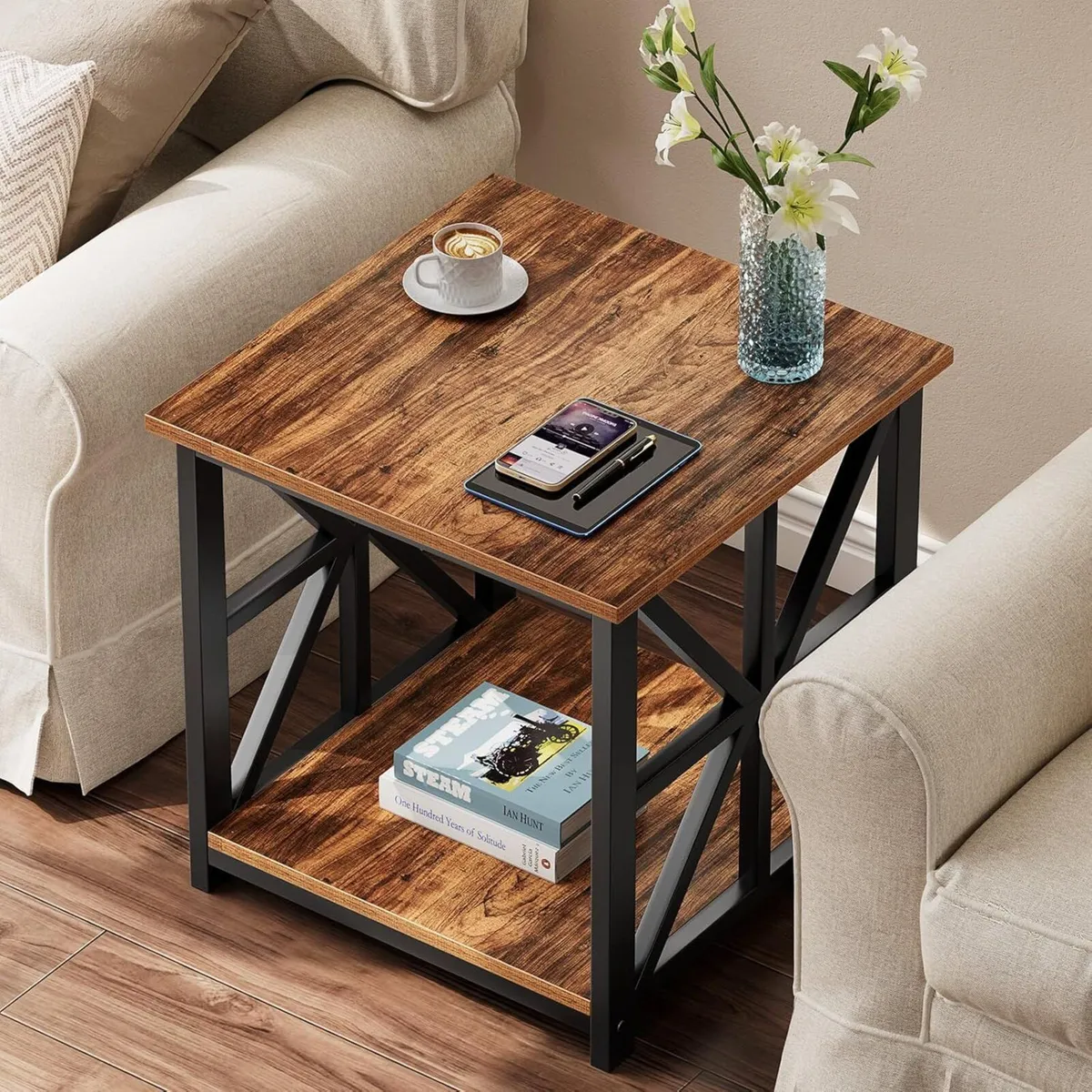 Side Table 50cm End with 2-Tier Storage Shelf - Image 2