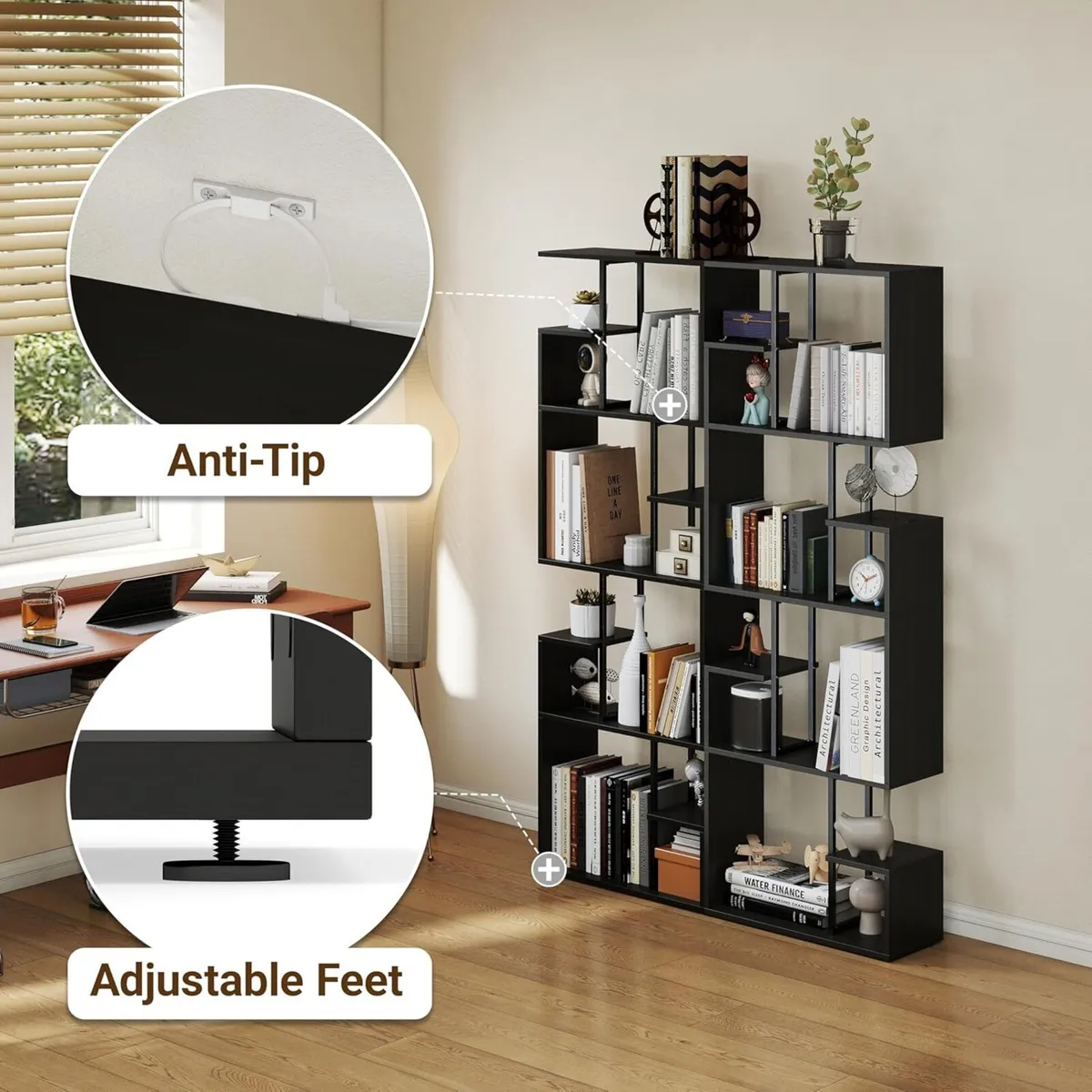 Book shelf Black Bookcase 4 Tiers Slim Bookshelf - Image 4