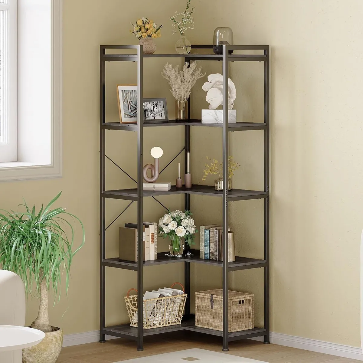 5-Shelf Corner Bookshelf Large Modern Bookcase - Image 1