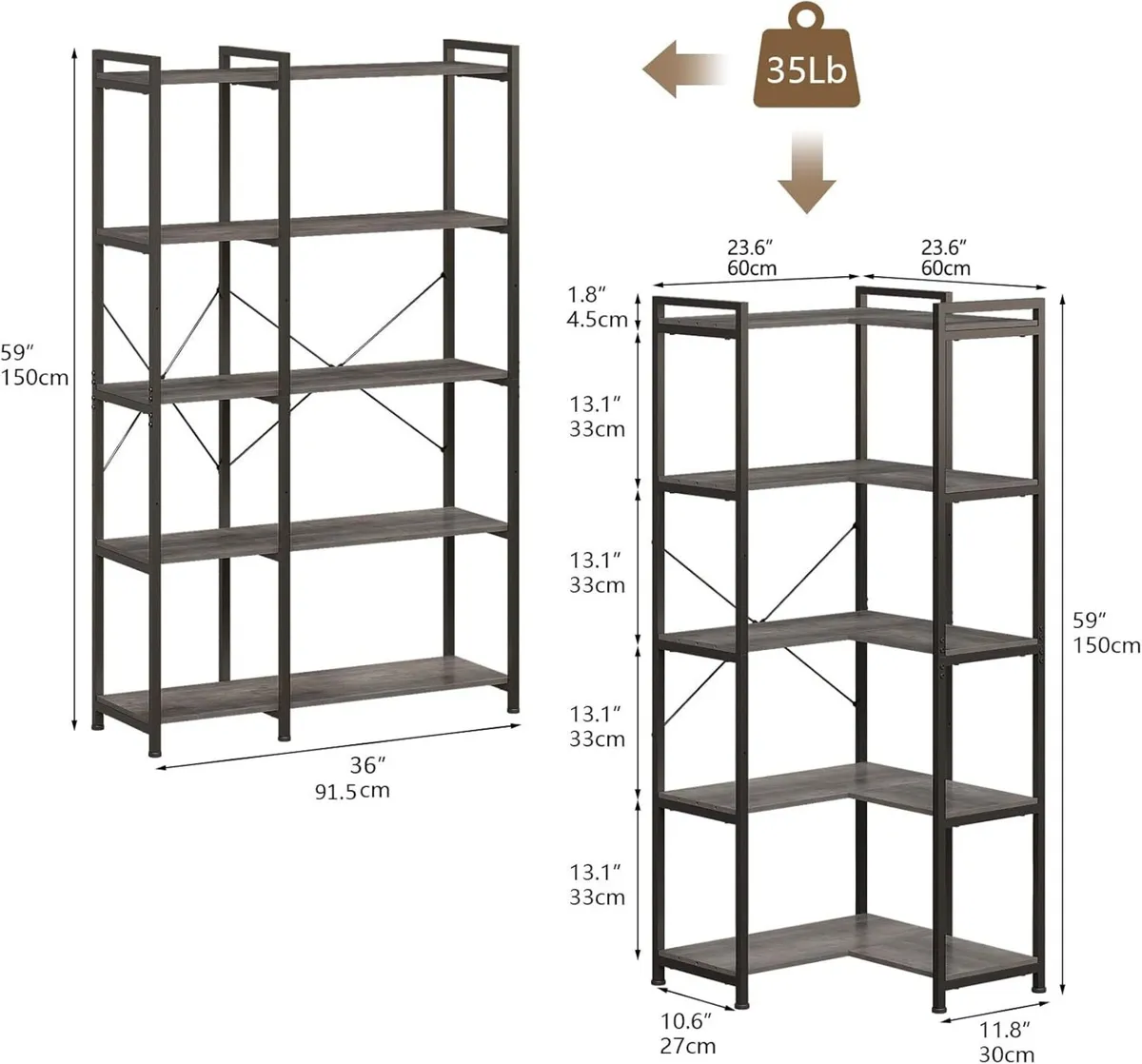 5-Shelf Corner Bookshelf Large Modern Bookcase - Image 2