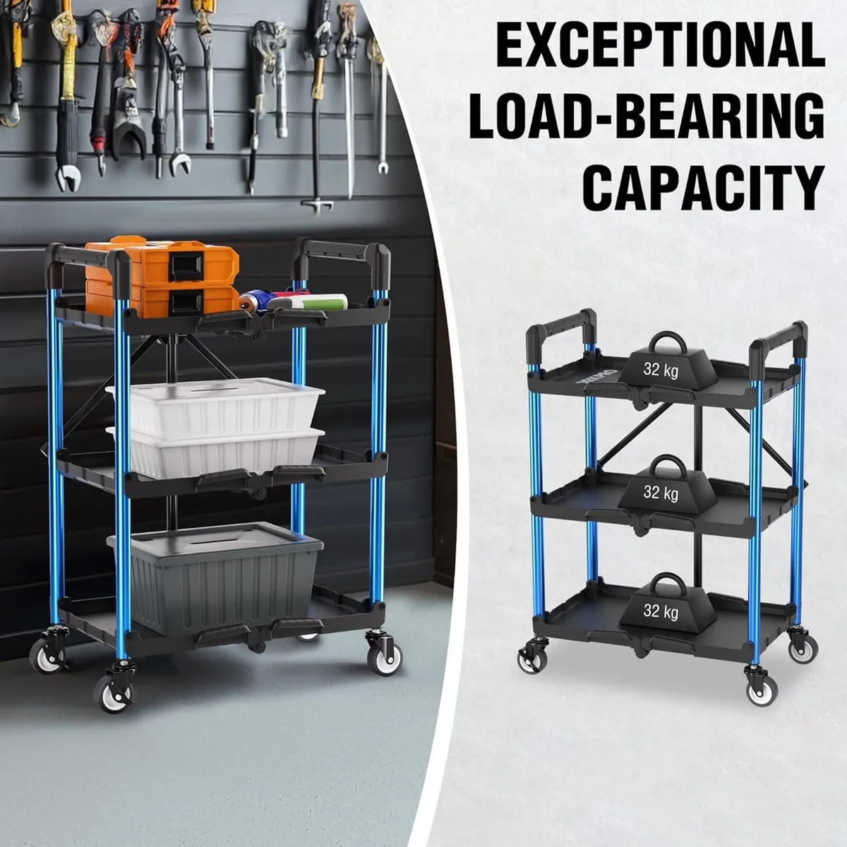 3-Tier Collapsible Service Cart 96 kg Folding - Image 4
