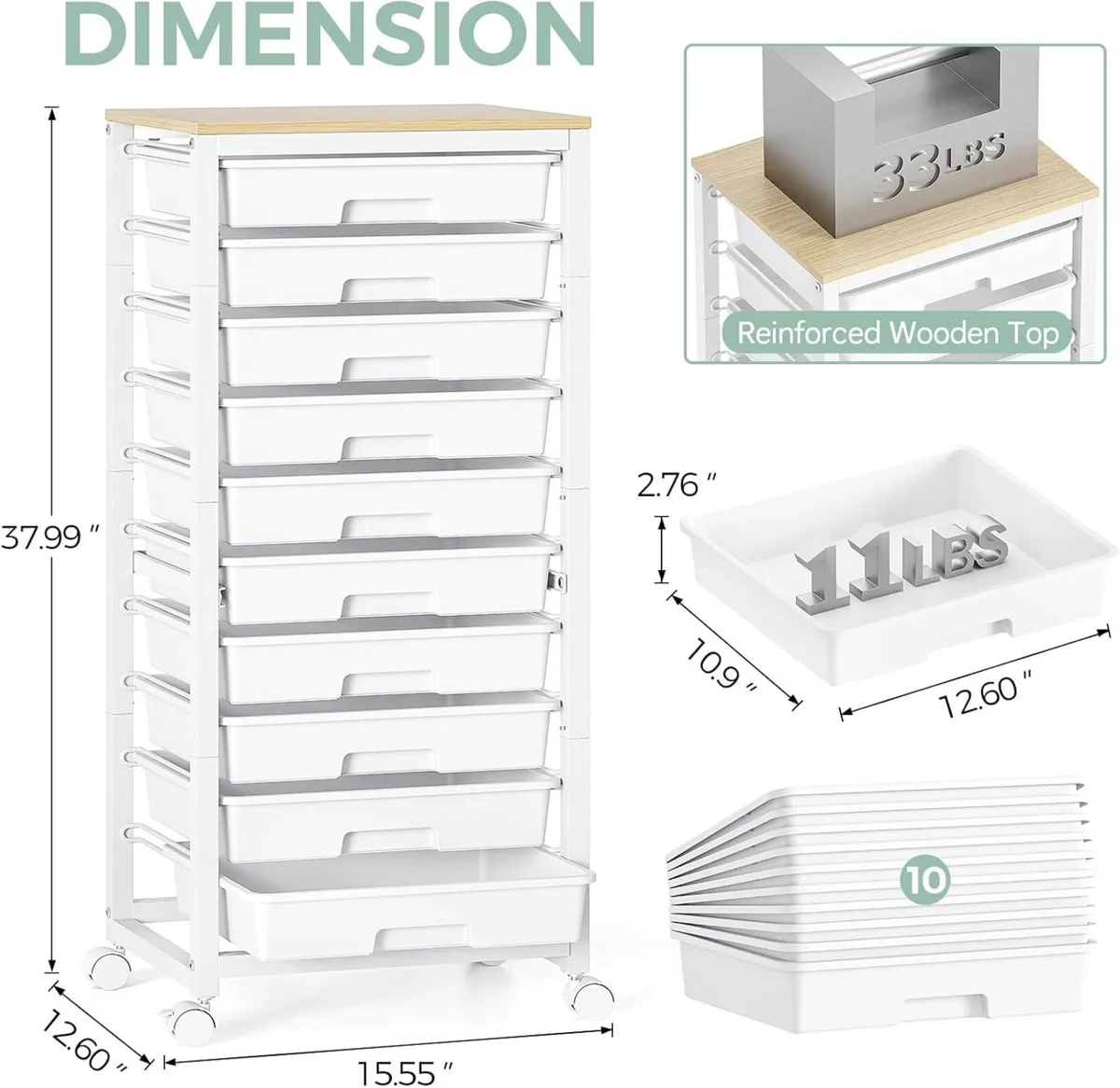 10 Drawer Storage Trolley Plastic Drawers on - Image 3