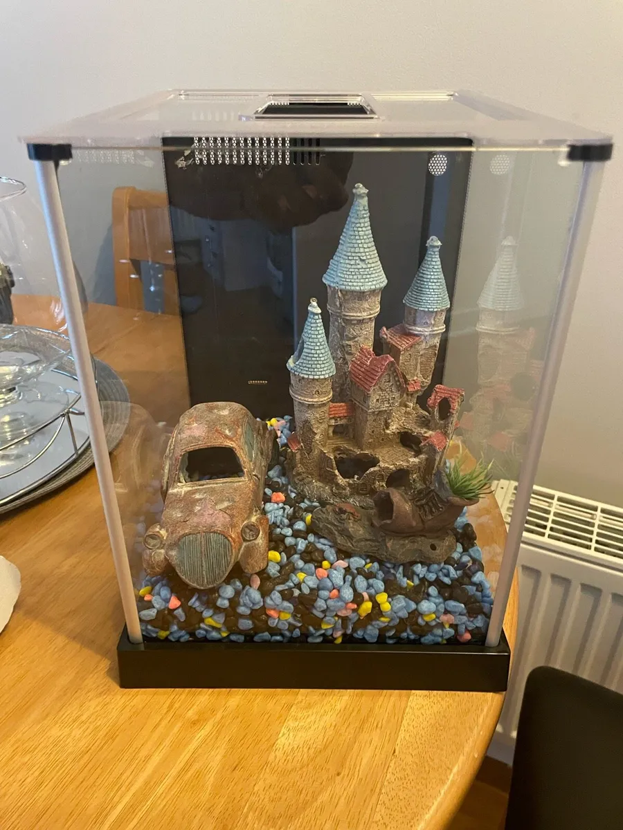 Fish tank with lamp and decorations(castle and car - Image 1