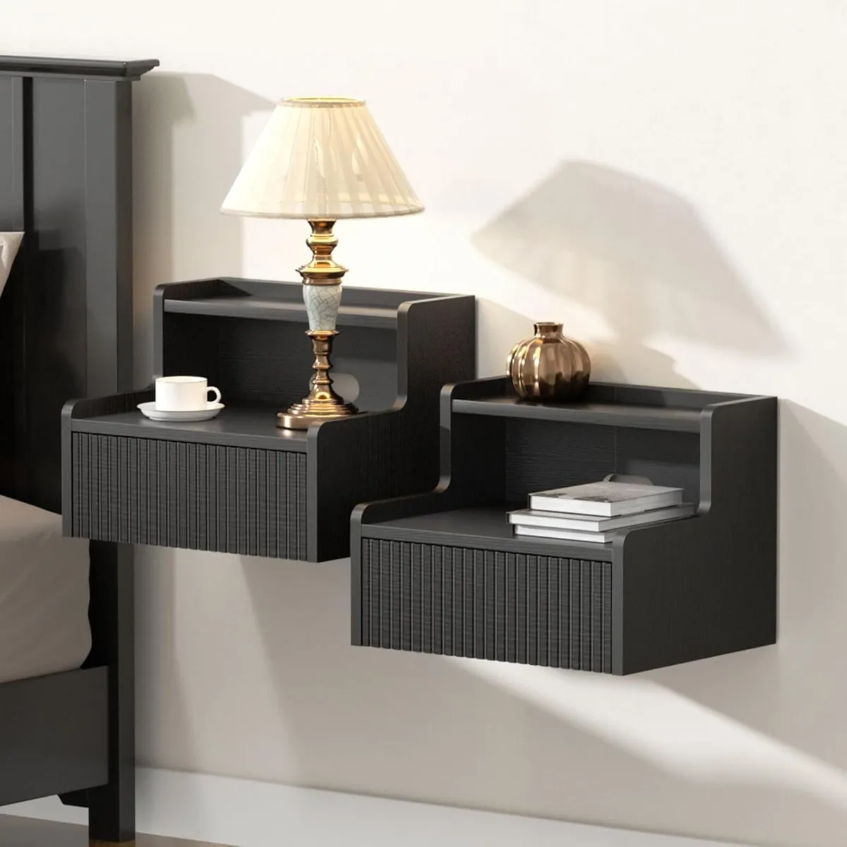 Floating Bedside Table Set of 2 Wooden Wall Mount - Image 1