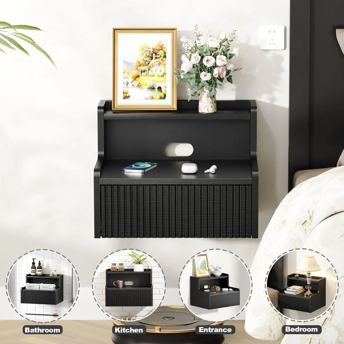 Floating Bedside Table Set of 2 Wooden Wall Mount - Image 4