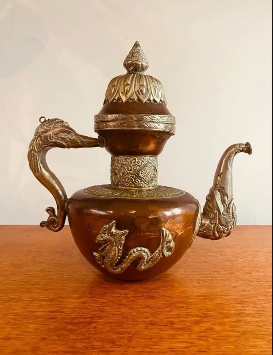 Vintage Asian Copper and Tin Tea Pot - Image 1