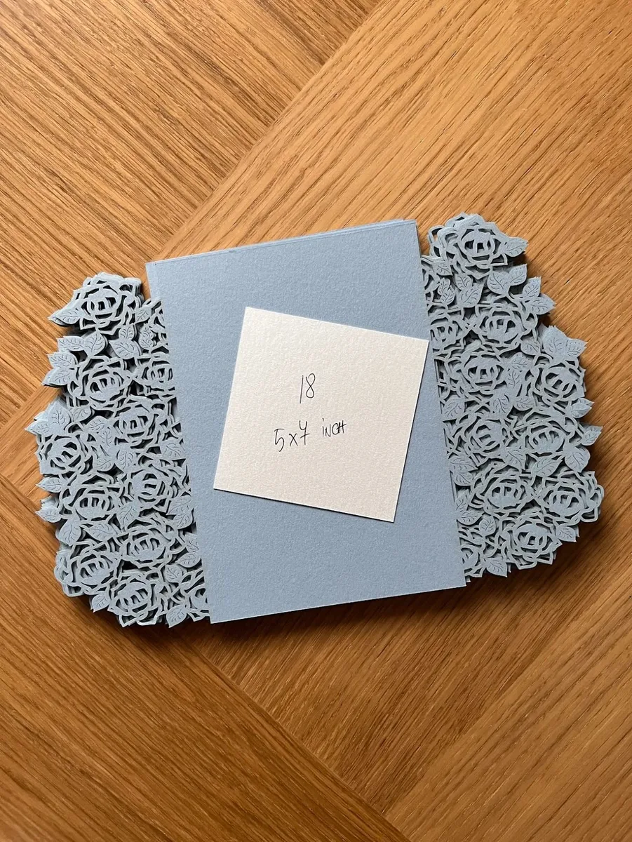 Dusty Blue Laser Cut Wedding Cards - Image 1