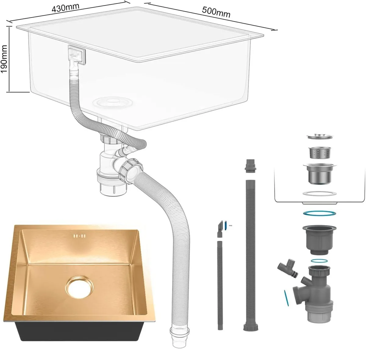 Stainless Steel Kitchen Sink 50 x 43cm Undermount - Image 2