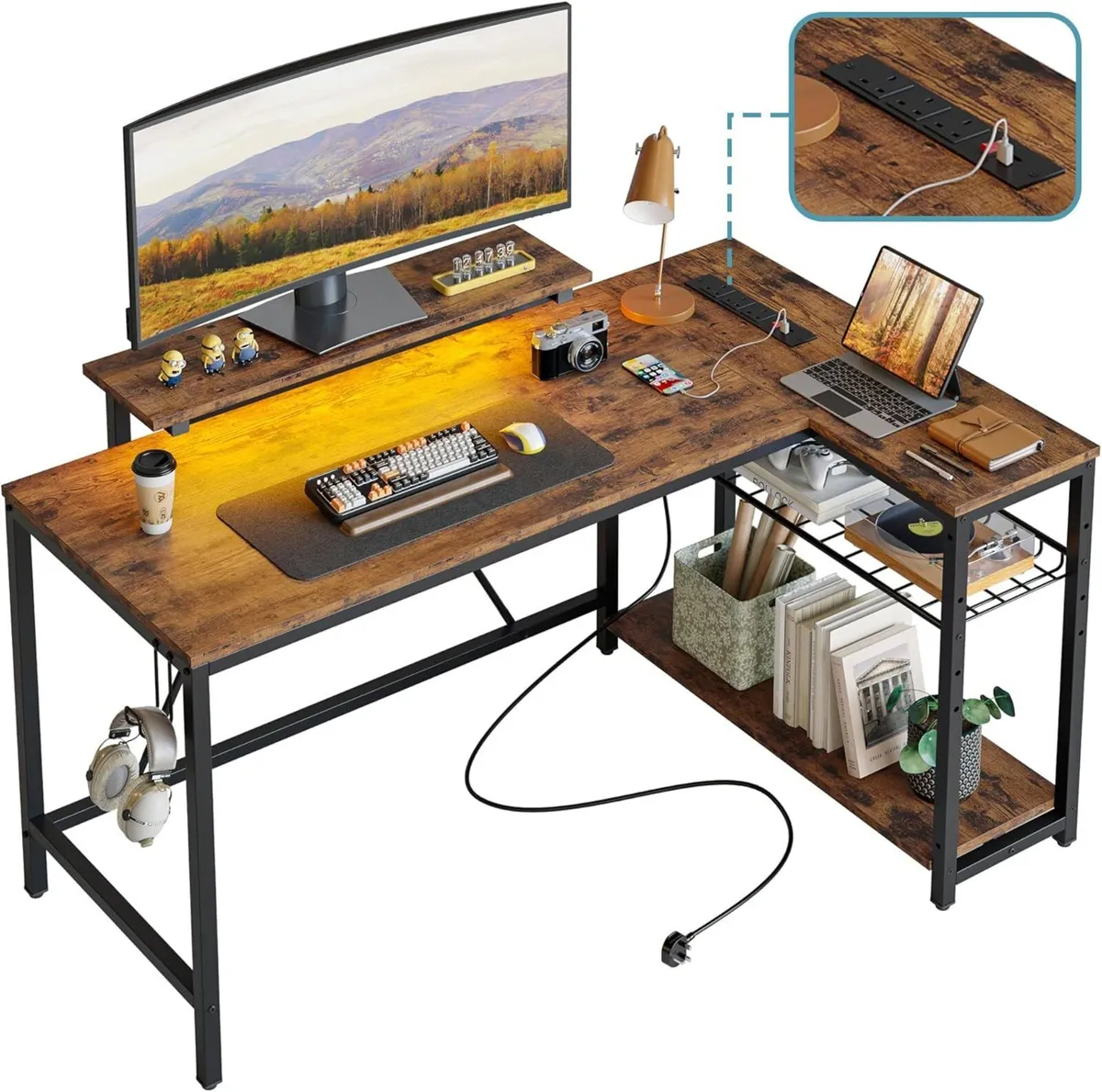 132.5CM L-Shaped Desk with 3 Power Outlets 2 USB - Image 1