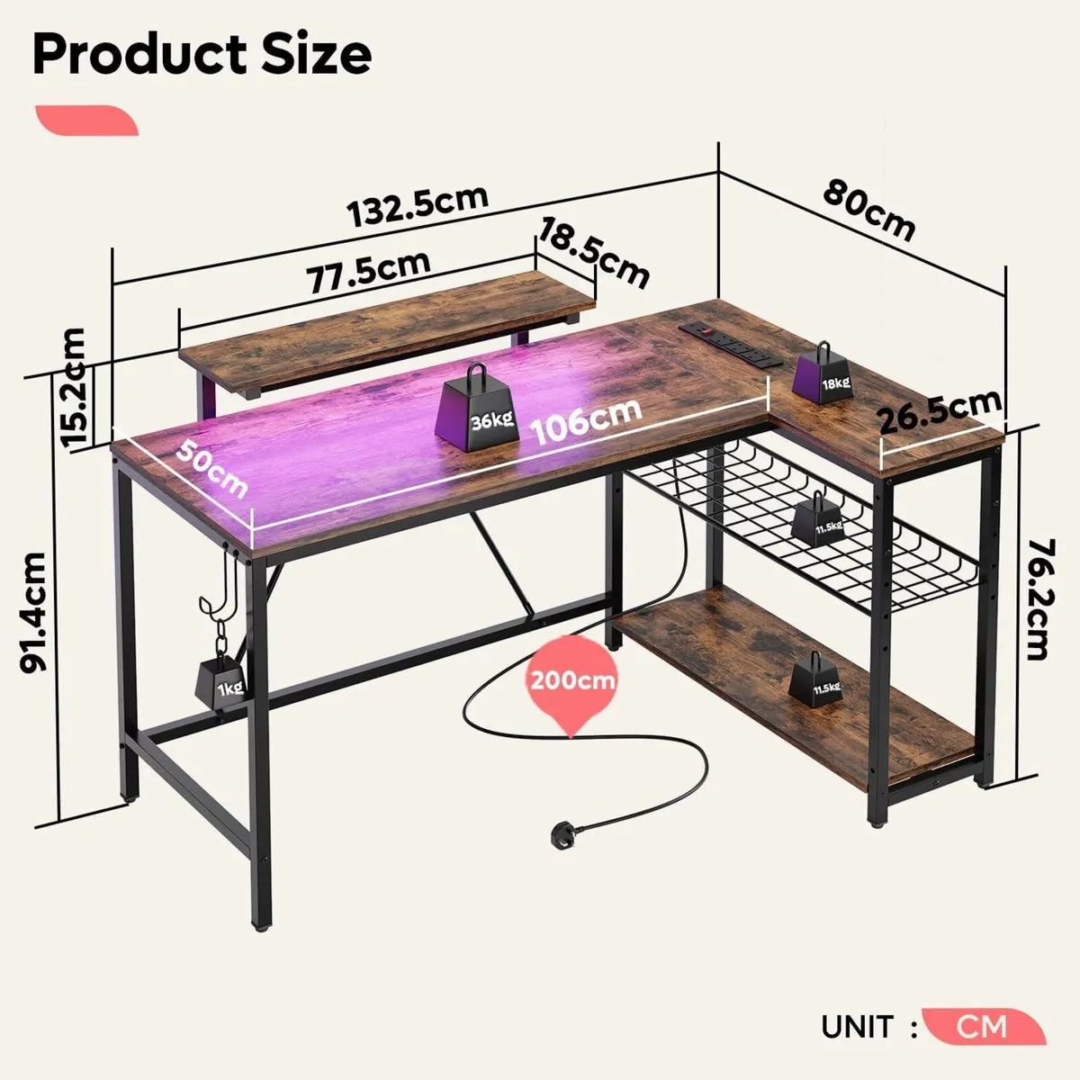 132.5CM L-Shaped Desk with 3 Power Outlets 2 USB - Image 3