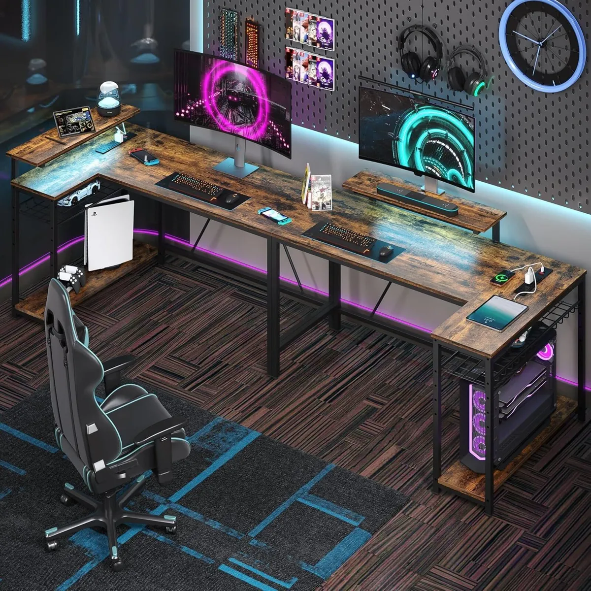 132.5CM L-Shaped Desk with 3 Power Outlets 2 USB - Image 4