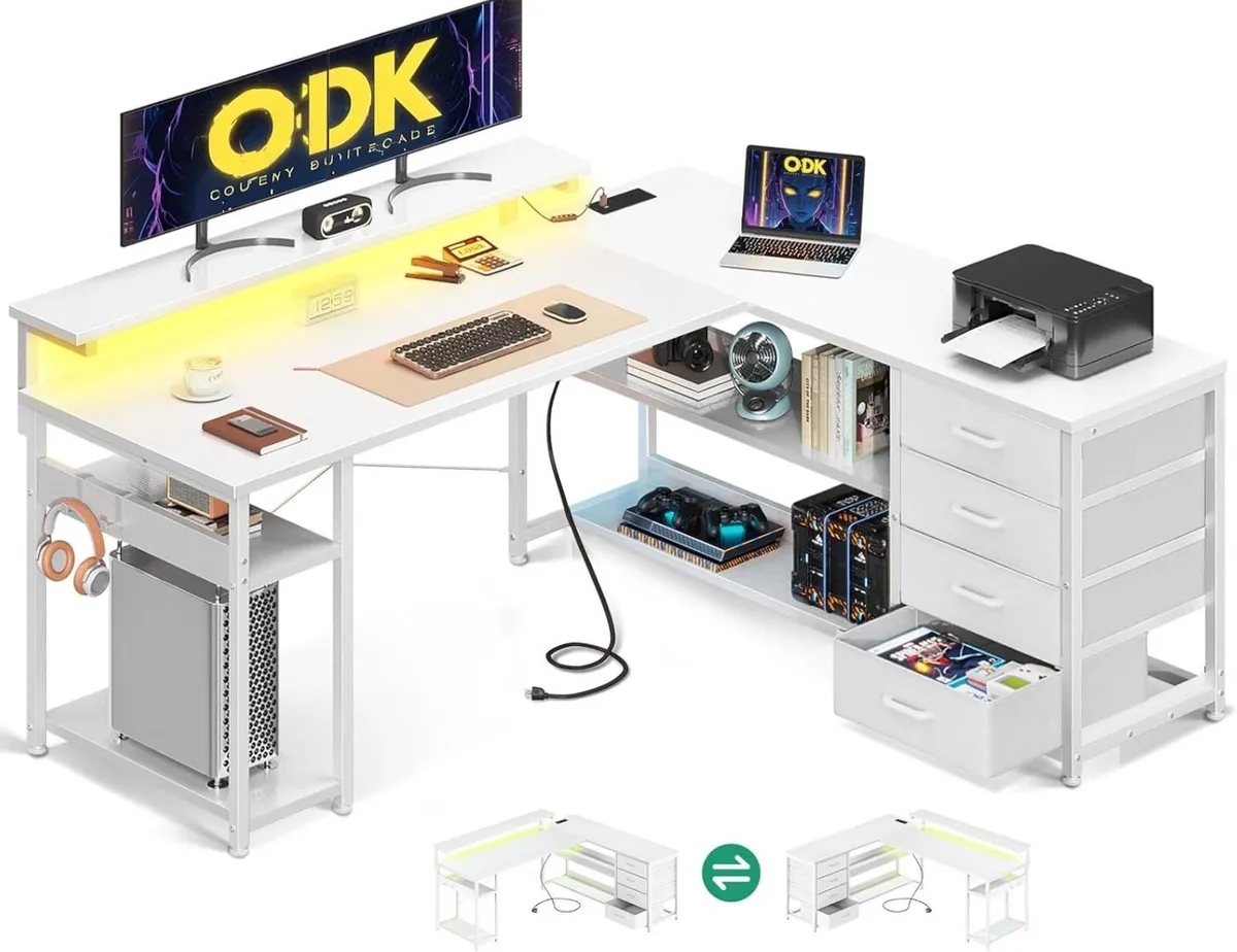 Corner Desk with Drawers L Shaped Gaming LED - Image 1