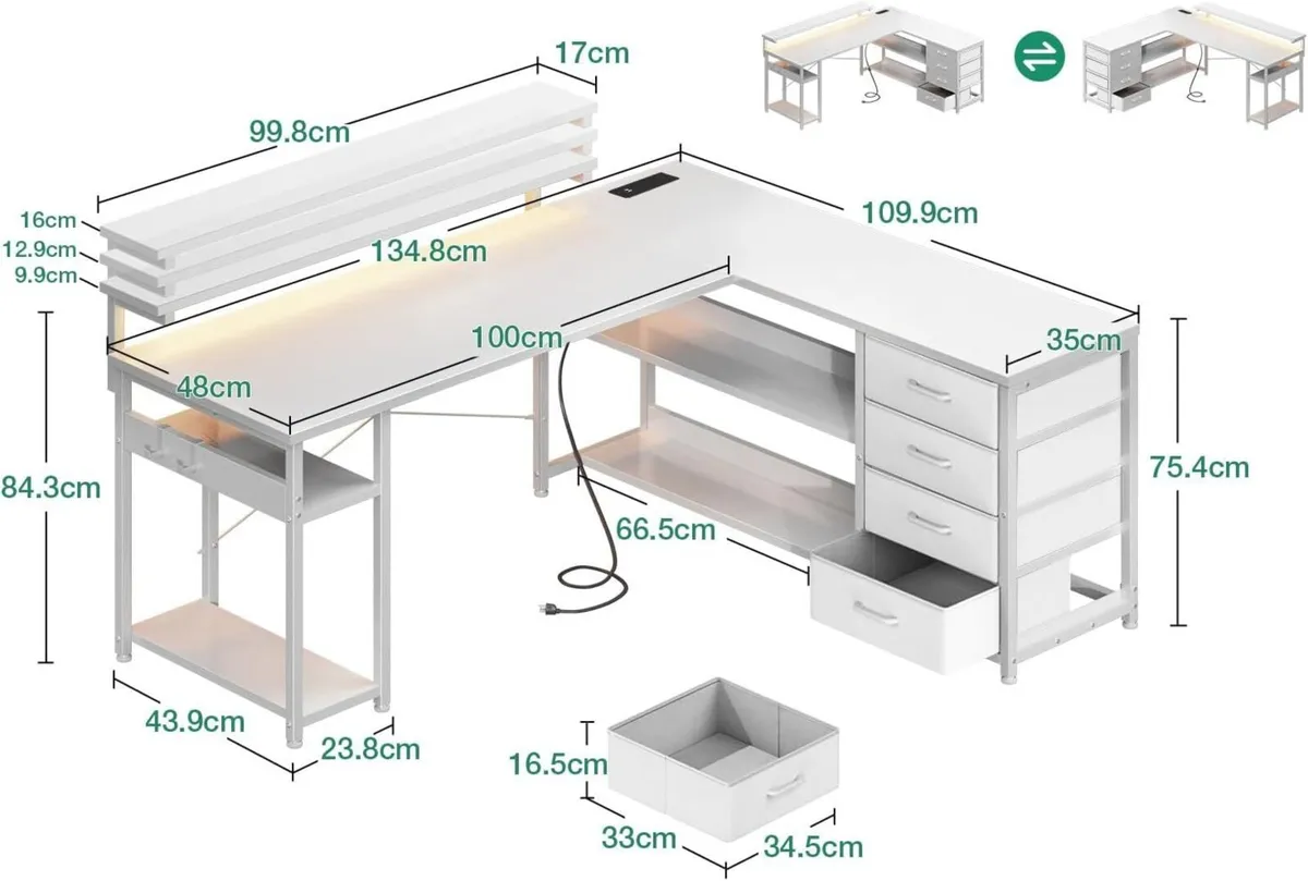Corner Desk with Drawers L Shaped Gaming LED - Image 3