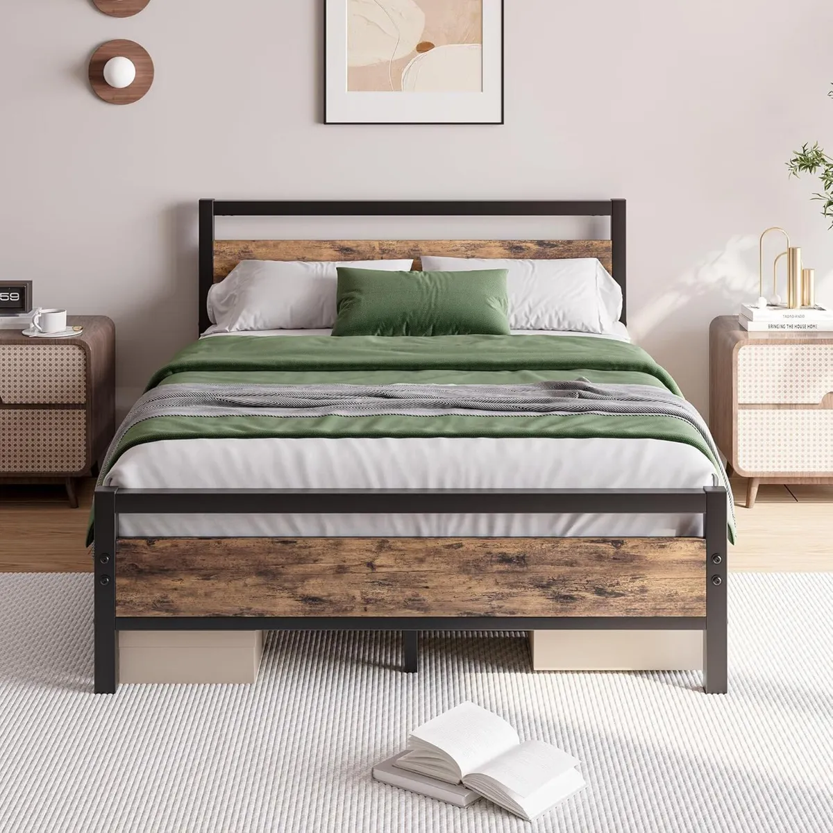 Metal Platform Bed Frame Double Size with Wooden - Image 1