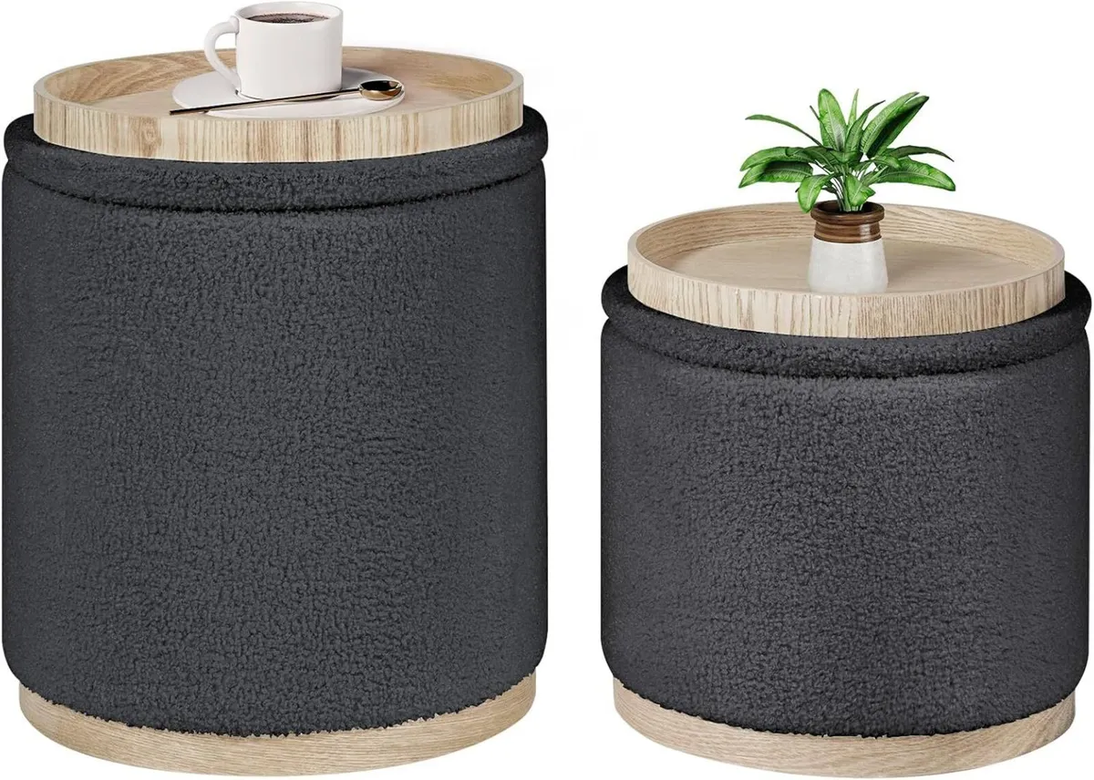 Round Grey Ottoman with Storage Set of 2 Makeup - Image 1