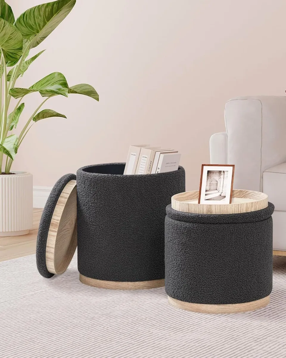 Round Grey Ottoman with Storage Set of 2 Makeup - Image 2