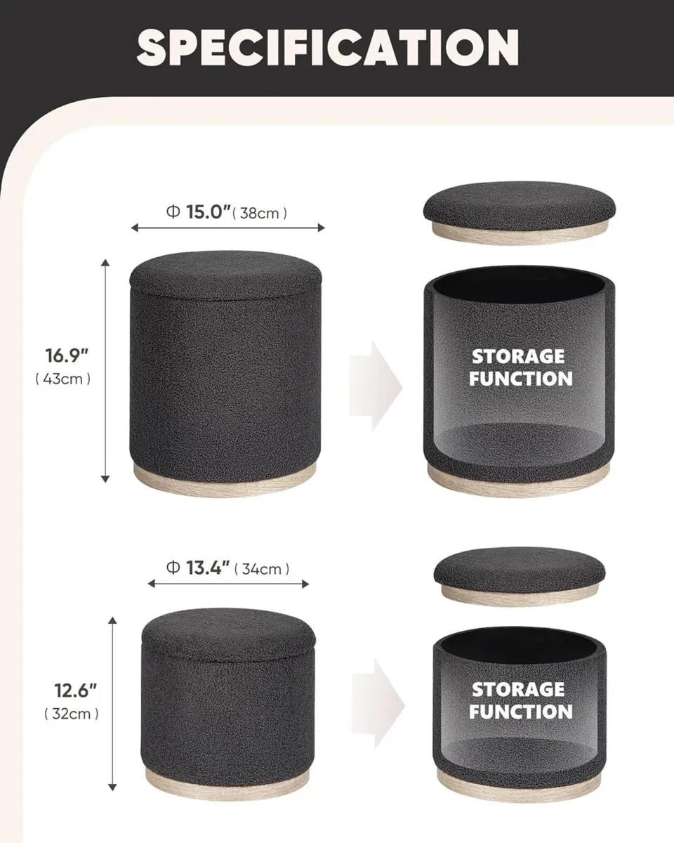 Round Grey Ottoman with Storage Set of 2 Makeup - Image 3