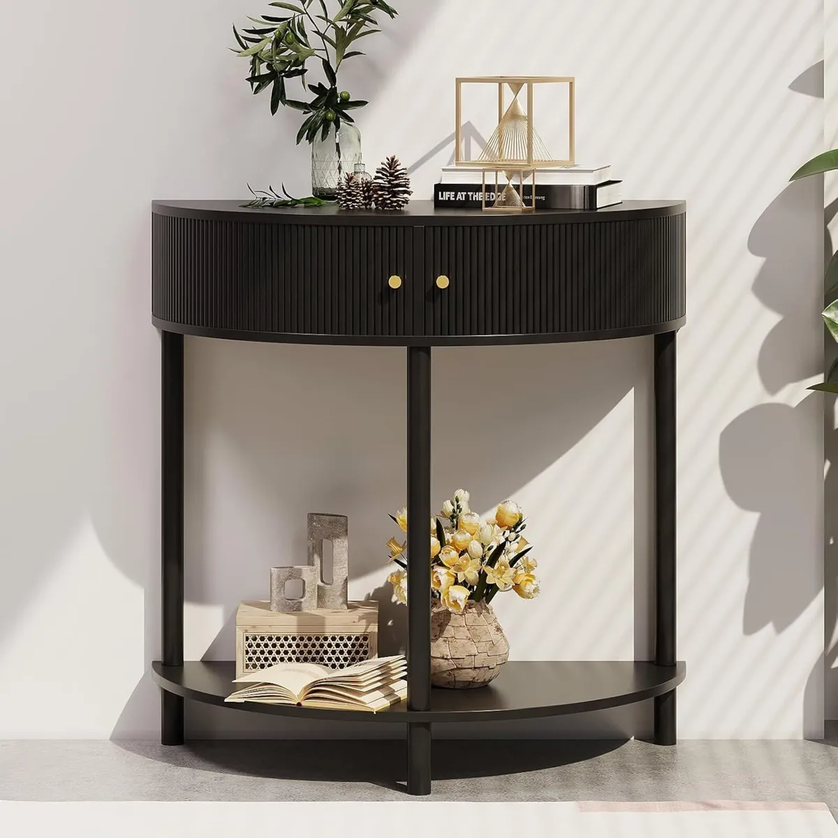 Fluted Half Moon Console Table with Storage Slim - Image 1