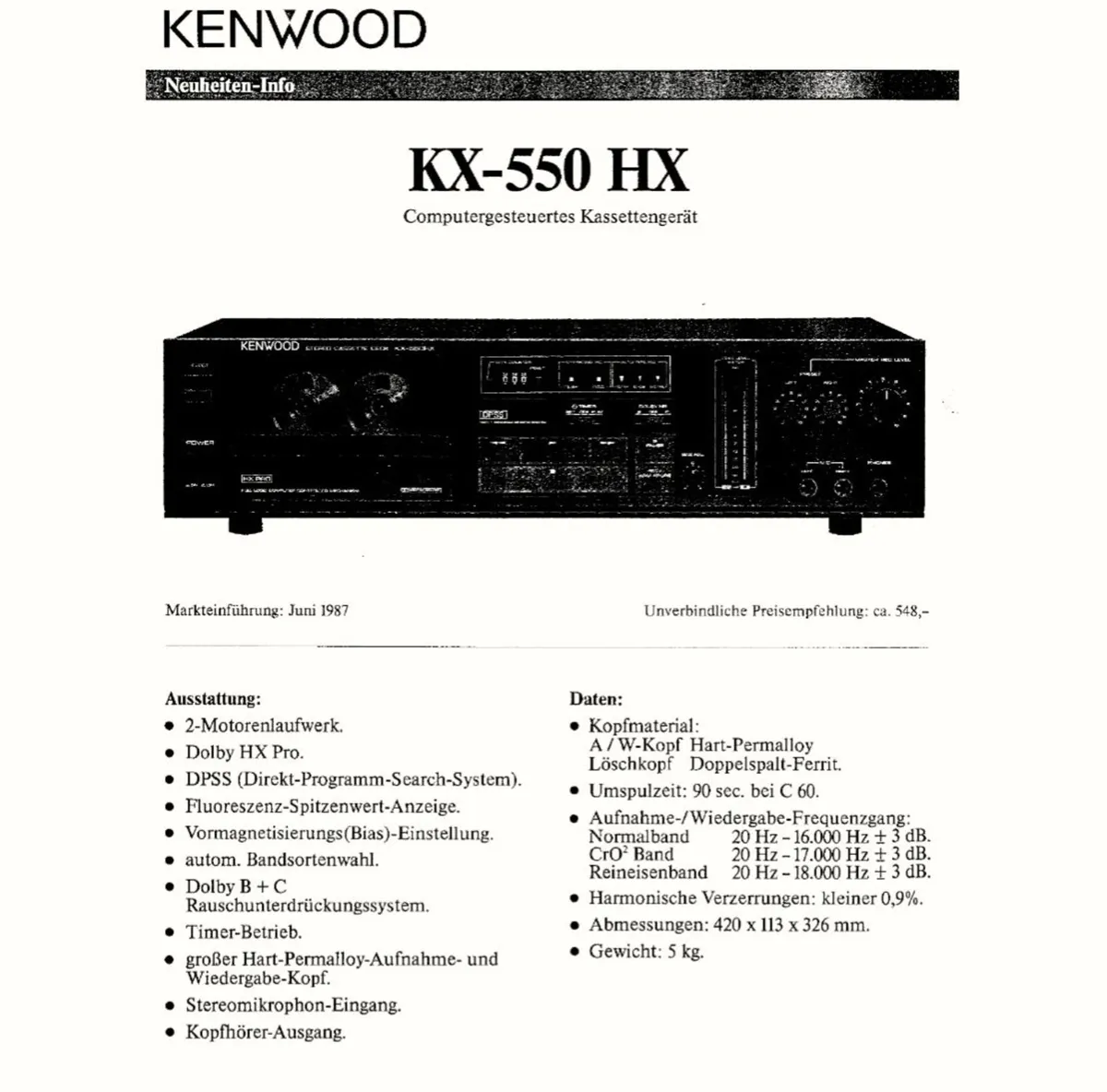 Kenwood KX-550HX Stereo Cassette Deck. Japan - Image 3